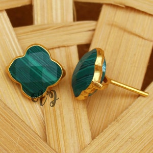 Malachite Clover Briolette 925 Sterling Silver Gold Plated Smooth Finish Studs Earrings-Malachite Earring Clover Earring Jewellery Supplies