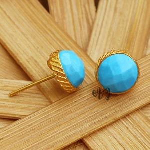 Blue Turquoise Studs Earrings. 925 Silver Earrings. Turquoise Post Earrings. Stabilized Turquoise Round Checker Cut Textured Studs Jewellry.