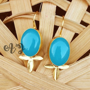 Aqua Hydro Quartz Oval Cabochon 925 Sterling Silver Gold Plated EarWire Earrings-Blue Aqua Oval Earrings.Blue Gemstone earrings.Blue Jewelry