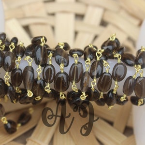 Smokey Quartz Free Size Oval Smooth Beaded Gold Plated Rosary Chain-Smoky Quartz Oval Nuggets Gold Wire Wrapped Chain Jewelry making