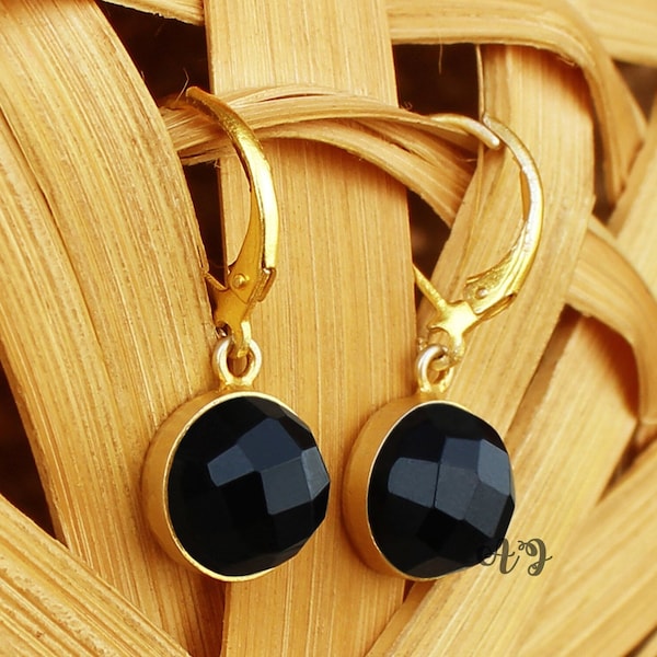 Black Onyx Earrings Gift For Her. Handmade Jewelry. Black Onyx Round Checker Cut Silver Locket 925 Collet Setting Charms. Gemstone Earrings.