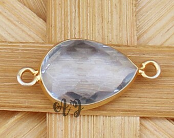 Crystal Quartz Pear Briolette 925 Sterling Silver Gold Plated Bezel Connector-Crystal Pear Shape Connectors.Clear Quartz Gemstones Jewellry.