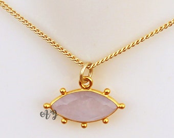Natural Rose Quartz Necklace. 925 Silver Chain Necklace. Pink Quartz Marquise Charms Necklace. Christmas Gifts. Birthday Gift Ideas for Her.