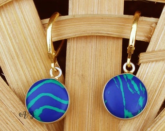 Chrysocolla Quartz Round Smooth Briollete 925 Sterling Silver Gold Plated Leverback Earrings. Imitation Chrysocolla Jewellry Gift For Her.