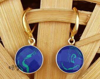 Chrysocolla Quartz Earrings. 925 Sterling Silver Earrings. Green Gemstone Earrings Gift for Mother. Imitation Chrysocolla Round Earrings.