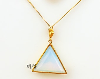 Opalite Chain Necklace. 925 Silver Jewellry. Brilliant Cut Trillion Vermeil Pendant. Bold Triangle Shape Charms. Opalite Triangle Necklace.