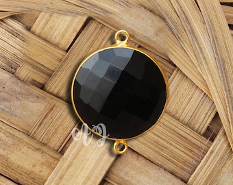 Natural Black Onyx Round Briolette 925 Sterling Silver Gold Plated Bezel Connector