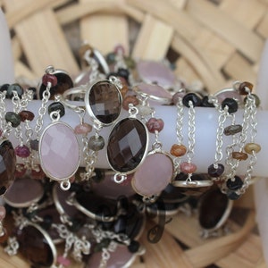 Multi Tourmaline 3-4mm Roundel Faceted With Smokey Quartz & Pink Chalcedony Beaded Silver Plated Bezel Chain-Oval Chains, Chain By Foots