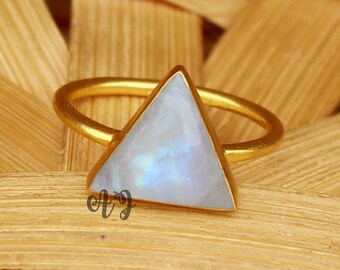 Natural Rainbow Moonstone 10MM Triangle Checker Cut 925 Sterling Silver Gold Plated Ring-Blue Flash Moonstone Rings,Triangle Engraved Rings