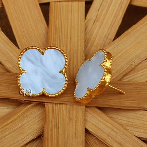 Mother of Pearl Clover Both Side Flat Brass Setting Gold Plated Studs Earrings.