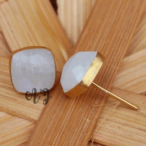 Natural Rainbow Moonstone Cushion Square Checker Cut 925 Sterling Silver Gold Plated Smooth Finish Stud Earrings-Rainbow Moonstone Earrings
