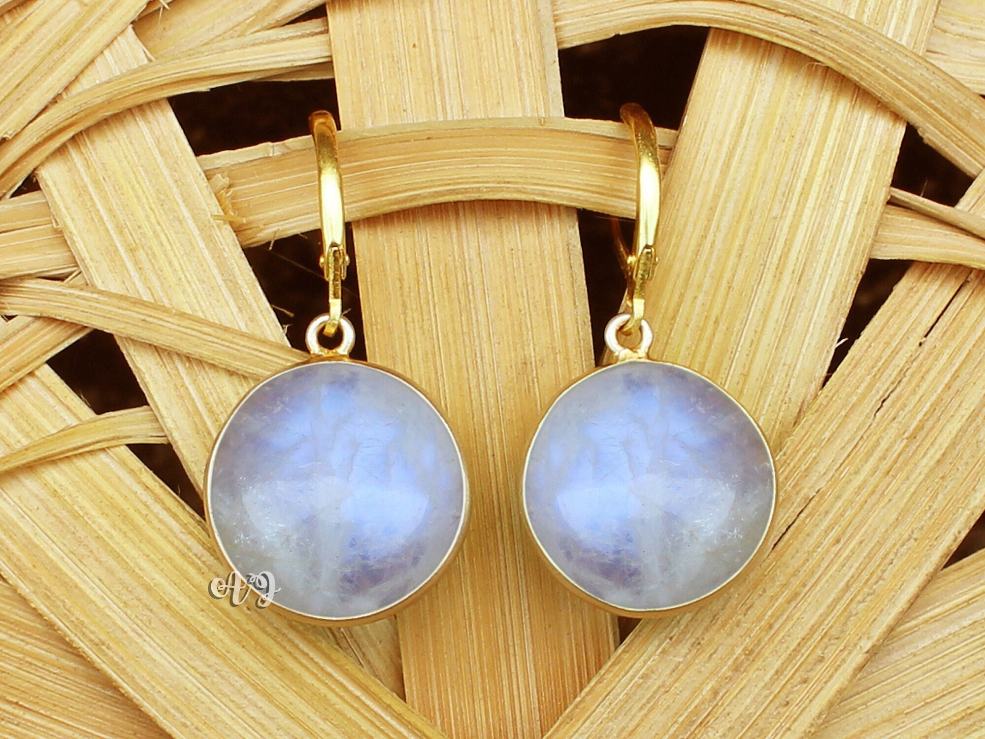 Natural Rainbow Moonstone Earrings. 925 Silver Earrings Gift For Her. Blue Fire Moonstone Round Shape Cabochon Leverback Earrings Gifts.