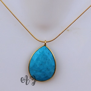 Stabilized Blue Turquoise 18x25mm Pear Briolette 925 Sterling Silver Gold Plated Bezel Pendant Chain Necklace-Blue Turquoise Chain necklace