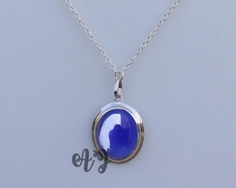Dark Blue Chalcedony 16x20mm Oval Cabochon 925 Sterling Silver Rhodium Plated Bezel Pendant Chain Necklace-AAA High Quality Necklace Pendant