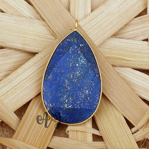 Natural Lapis Lazuli Pear Faceted 925 Sterling Silver Gold Plated Big Loop Smooth Bezel Pendant-Natural Stone Pear Lapis Lazuli Pear Pendant