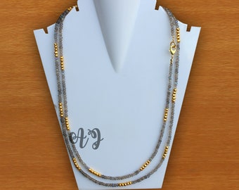 Hermosa labradorita natural y pirita dorada de 3 a 4 mm, collar chapado en oro con cuentas facetadas redondas, hermoso collar de pirita dorada de labradorita