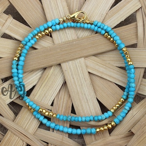 Schöne Türkis & Goldene Pyrit 3-4mm Roundel Facettierte Perlen Vergoldete Halskette-Blauer Türkis Edelstein Zierliche Halskette AJ Schmuck