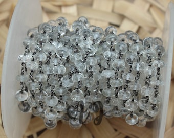Crystal Quartz 6mm Roundel Faceted Beaded Black Rhodium Plated Rosary Chain-Beautiful Chain Wire Wrapped Chain Bezel Chain Rosary Chain