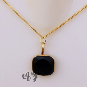 Black Onyx 12MM Cushion Square Checker Cut 925 Sterling Silver Gold Plated Bezel Pendant Chain Necklace-Black Square necklace Gems jewellry