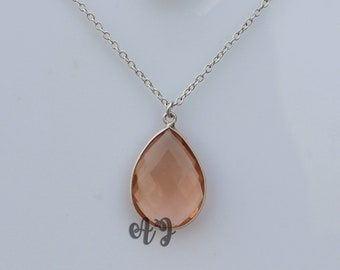 Peach Quartz 18x25mm Pear Briolette 925 Sterling Silver Plated Bezel Pendant Chain Necklace-Peach Quartz Chain Necklace