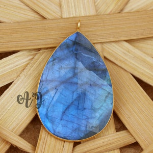 Ciondolo con castone labradorite naturale Briolette in argento sterling 925 placcato oro Bail On Top - Ciondolo con pera labradorite naturale in pietra naturale