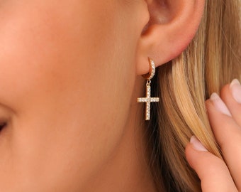 Gold  Cross earrings, Cross Earrings for Girls, Cross Earrings Dangle, Dainty & Minimalist Cross Shaped Charm Hoop Earrings, Gifs For Her