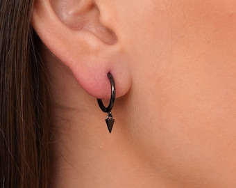 Dainty Spike Hoop Earrings: Black Sterling Silver Tiny Hoops