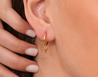 Spike Dangle Hoop Earrings, Gold Spike Huggie Earrings, Spike Earrings, Edgy Earrings, Gold Spike Hoop, Dainty Triangle Spike Charm Earrings
