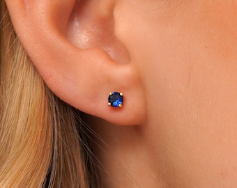 Dainty Sapphire Stud Earrings: 18K Gold Plated Sterling Silver