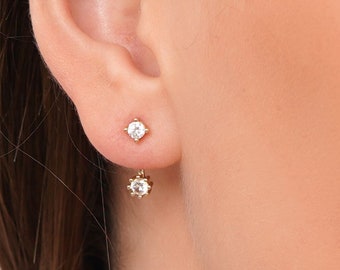 Front Back Earrings, Ear Jacket, Dainty Studs, Dainty CZ Studs Earrings, 18k Gold Sterling Silver CZ Diamond Studs