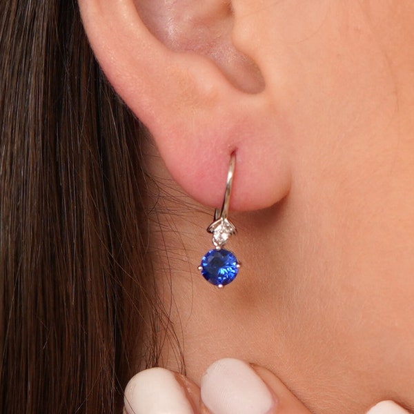 Sapphire Dangle Earrings in Sterling Silver • Natural Blue Sapphire Earrings • Sapphire Dangle Hoop Earrings • September Birthstone Earrings