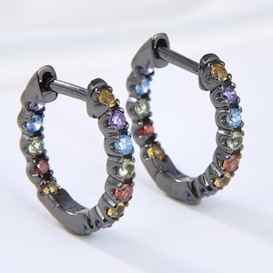 Multicolor Huggie Hoop Earrings, Sterling Silver Cz Hoop Earrings Set, Second Hole Hoop Earrings, Gold cartilage hoops, Gold hoop earrings