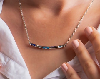 Evil Eye Bar Necklace Gold, Dainty Blue Evil Eye Necklace, Minimalist Layering Jewelry Gift, Christmas Gift for Women, Silver Evil Necklace