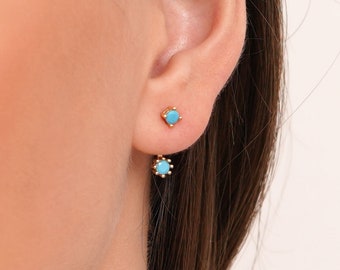 Turquoise Front Back Earrings • Ear Jacket Earrings • Dainty Ear Jackets • Minimal Charm Earring • Turquoise Ear Jacket  • Gold Stud Earring