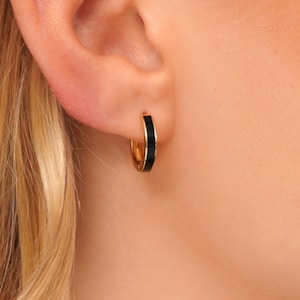 Black Onyx Huggie Hoops, Dainty Black Earrings, Minimalist Everyday Hoops, Small White Huggie Earrings, Gift Jewelry for Christmas