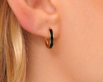 Black Onyx Huggie Hoops, Dainty Black Earrings, Minimalist Everyday Hoops, Small White Huggie Earrings, Gift Jewelry for Christmas