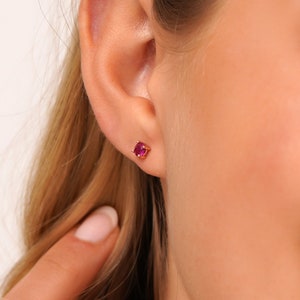 Ruby Silver Stud Earrings, Ruby  Stone Tiny Earrings, Birthstone Stud Earrings, Gold Minimalist Stud Earrings, Gifts for Her