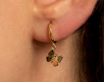Tiny Gold Butterfly Dangle Earrings, Butterfly Earlobe Earring, Gold Hoop Earrings, Butterfly Hoops, Minimalist Butterfly Charm Earrings