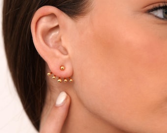 Ball Ear Jacket Studs, Front Back Silver Gold Jewelry, Modern Minimal Design, Dainty Stud Style, Everyday Gift for Her