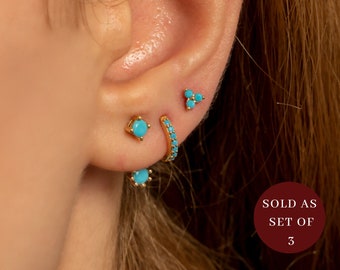 Ensemble cadeau de boucles d’oreilles turquoise de tous les jours, boucles d’oreilles avant arrière, boucles d’oreilles Huggie Hoop, ensemble de boucles d’oreilles en pierre de naissance, cadeau prêt pour elle, cadeau pour maman