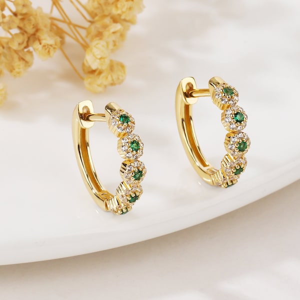 Emerald Hoop Earrings Sterling Silver Hoop Earrings Cartilage Hoop Earrings Gold Emerald Hoops Silver Minimalist Earrings Gift for Her