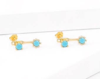 Gold Turquoise Front Back Earring, Sterling Silver Tiny Ear Jacket Stud, Gold Dainty CZ Ear Jacket Stud Earring, Turquoise Dainty Ear Jacket