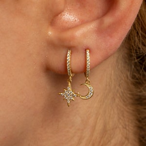 Star and Moon Earrings Silver Star and Moon Hoop Mismatched Earrings Gift for Her Moon Earring Star Earring Minimalist earrings 画像 3