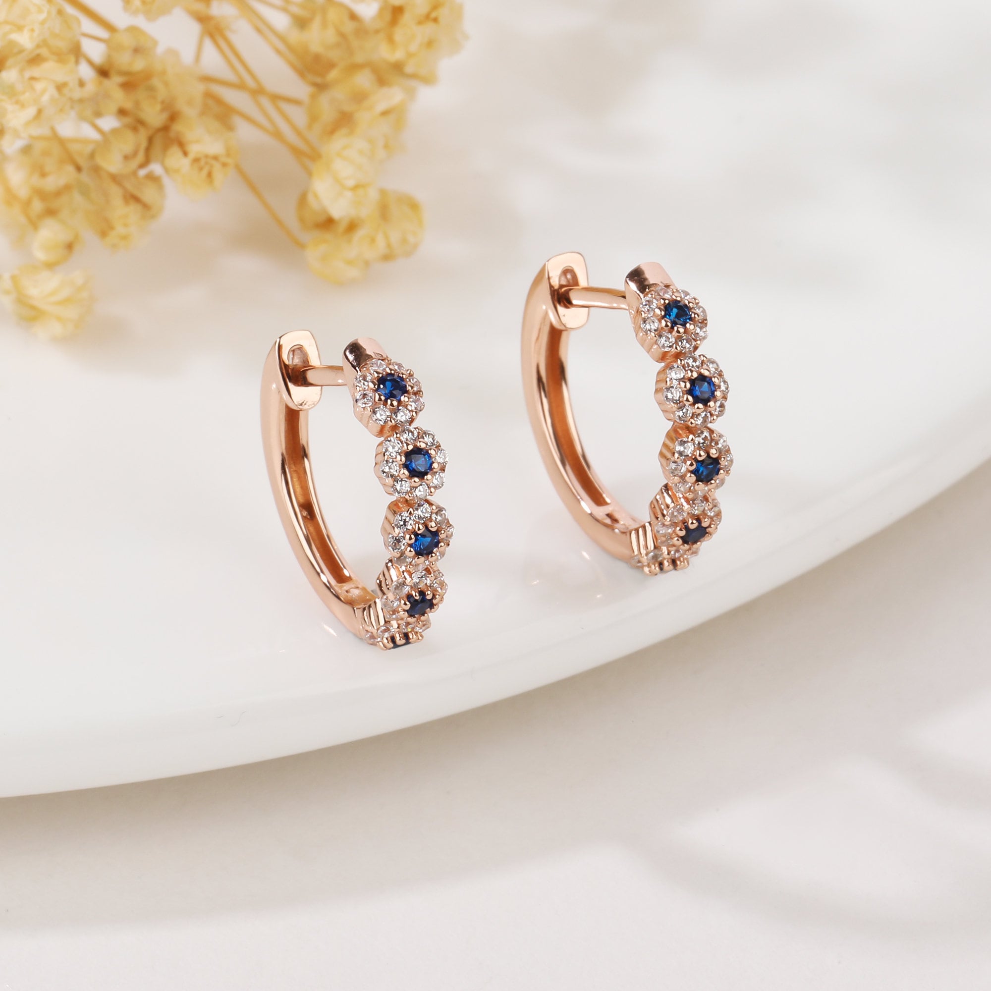 Sapphire Earrings | Blue Sapphire Hoops | Sapphire CZ Hoop Earrings | Gold Silver Rose Sapphire Hoops | Sapphire Minimalist Hoop Earrings