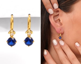 Sapphire Stud Dangle  Earrings, Tiny Sapphire Blue CZ Dangle Stud Earring, Silver Stud Earring, Birthstone Earring, Earrings for Bridesmaids