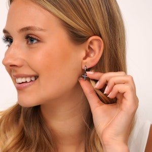 Gold Cross earrings, Cross Earrings for Girls, Cross Earrings Dangle, Dainty & Minimalist Cross Shaped Charm Hoop Earrings, Gifs For Her image 4