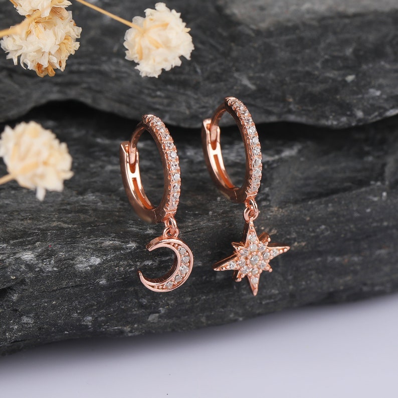 Star and Moon Earrings Silver Star and Moon Hoop Mismatched Earrings Gift for Her Moon Earring Star Earring Minimalist earrings 画像 6