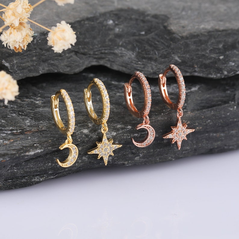 Star and Moon Earrings Silver Star and Moon Hoop Mismatched Earrings Gift for Her Moon Earring Star Earring Minimalist earrings 画像 5