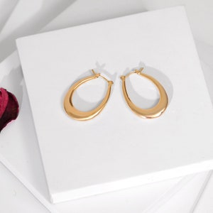 May include: A pair of gold oval hoop earrings. The earrings are smooth and have a slightly curved shape.