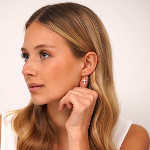 Gold Cross earrings, Cross Earrings for Girls, Cross Earrings Dangle, Dainty & Minimalist Cross Shaped Charm Hoop Earrings, Gifs For Her image 3